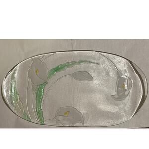 L.E. Smith Calla Lily Oval Platter Art Glass Frosted & Clear Discontinued RARE